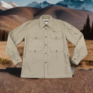 Vintage 70s Woolrich Safari Jacket Mens Medium Canvas Khaki Field Bush Shirt